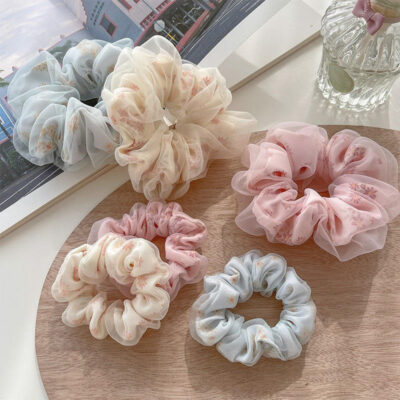 Floral chiffon scrunchies pink ponytail
