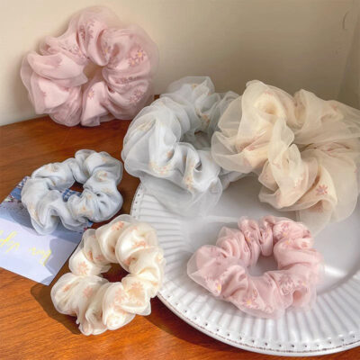 Floral chiffon scrunchies pink ponytail