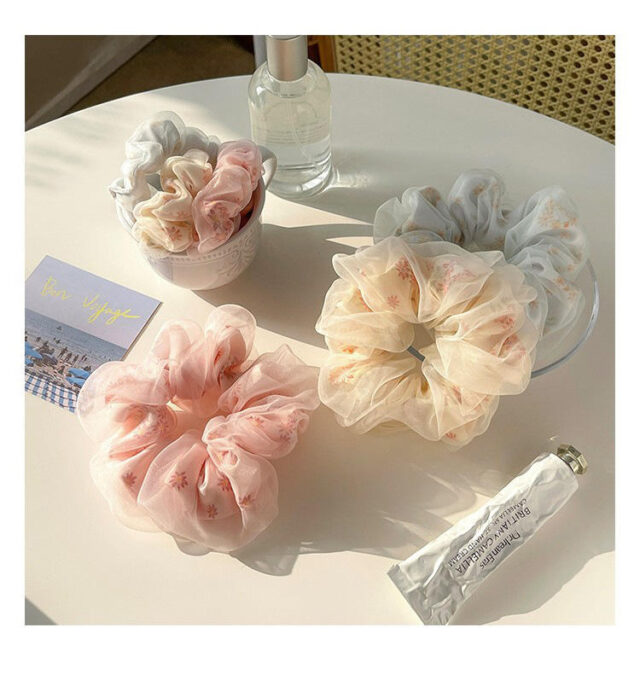Floral chiffon scrunchies pink ponytail