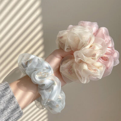 Floral chiffon scrunchies pink ponytail