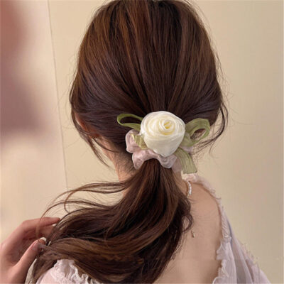 Rose flower scrunchie women rubber