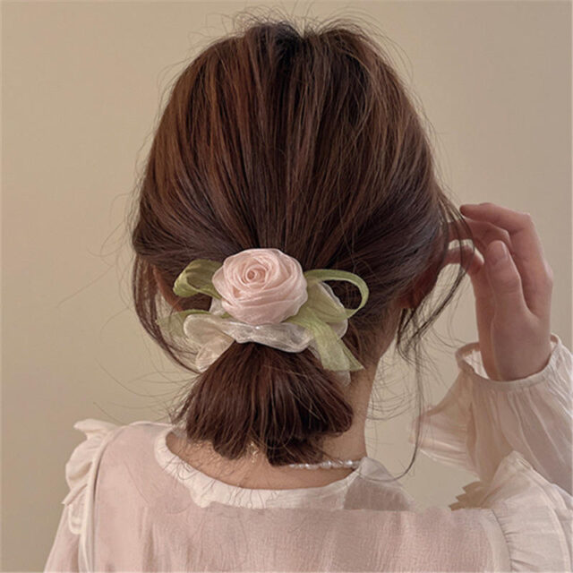 Rose flower scrunchie women rubber