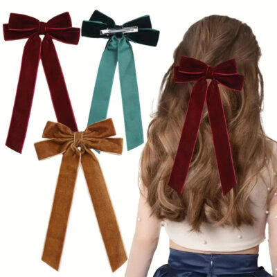 Velvet hair bows with long ribbon