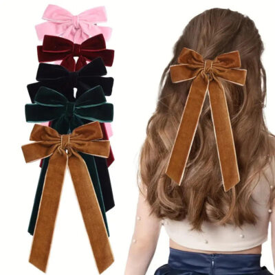 Velvet hair bows with long ribbon